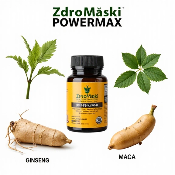 Ilustracja przedstawiająca kluczowe składniki Zdromoskiplus PowerMax: buzdyganek, żeń-szeń, maca.